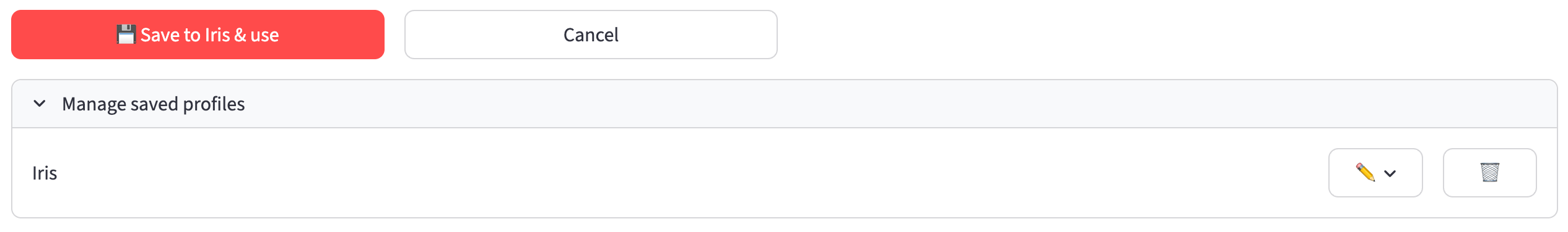 Reopened review has Save to Iris & use and Cancel buttons. The expanded Manage saved profiles section lists Iris with rename and delete controls.