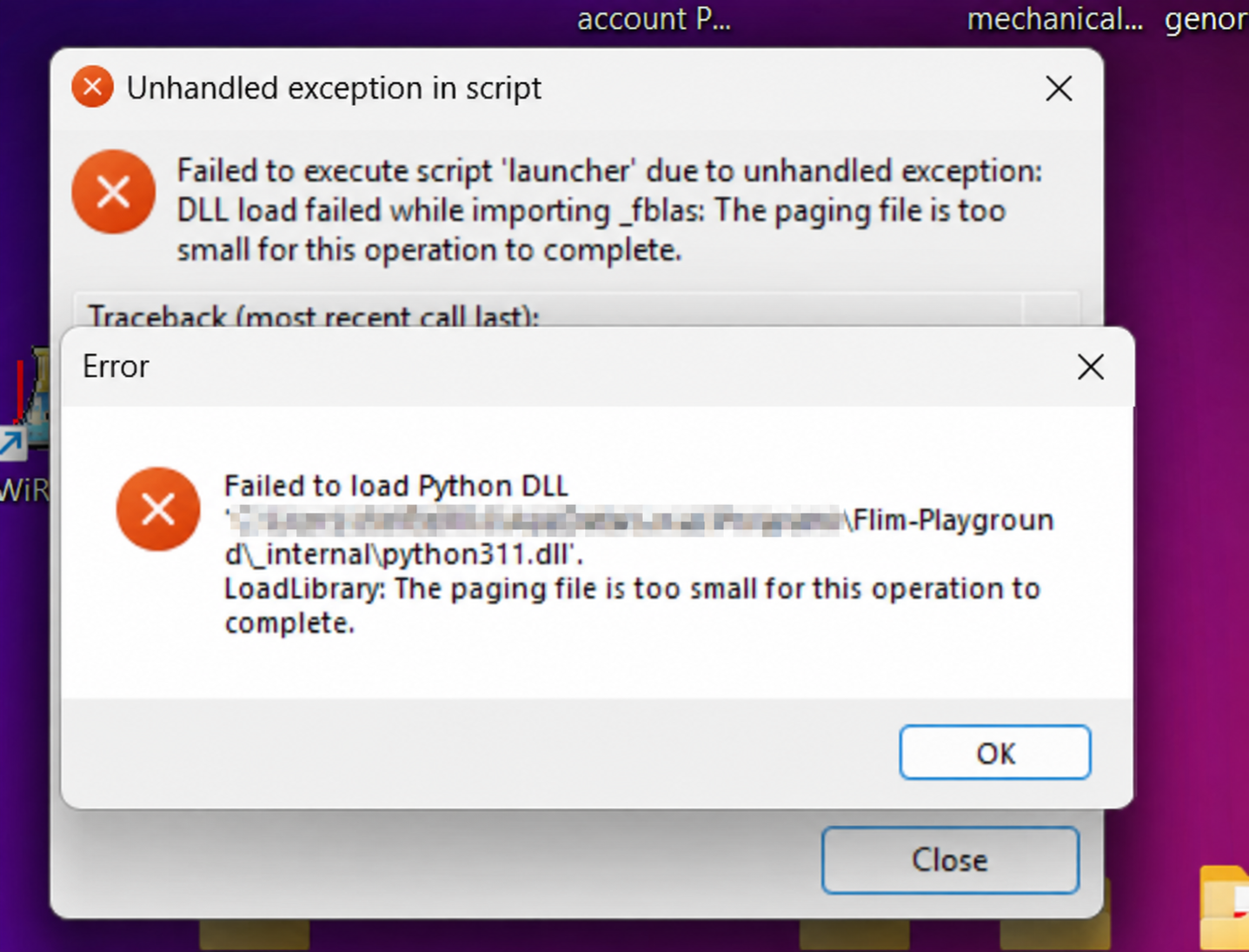 Two Windows error dialogs report that the paging file is too small while loading _fblas and Flim-Playground's python311.dll. The directory prefix before Flim-Playground is blurred.