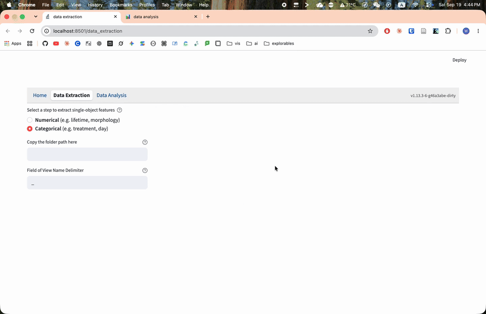 Categorical Feature Extraction with a local dataset folder, underscore delimiter, category selections, slot mappings, and a preview of the assigned labels.