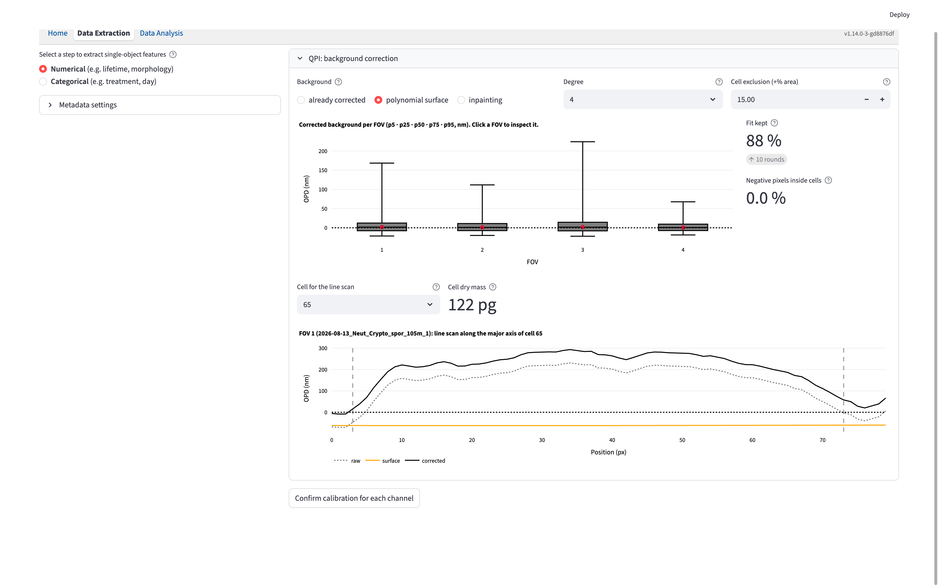 QPI background-correction expander with method controls, per-FOV background summaries, diagnostic readouts, cell selection, dry mass, and a line scan of raw, surface, and corrected OPD.