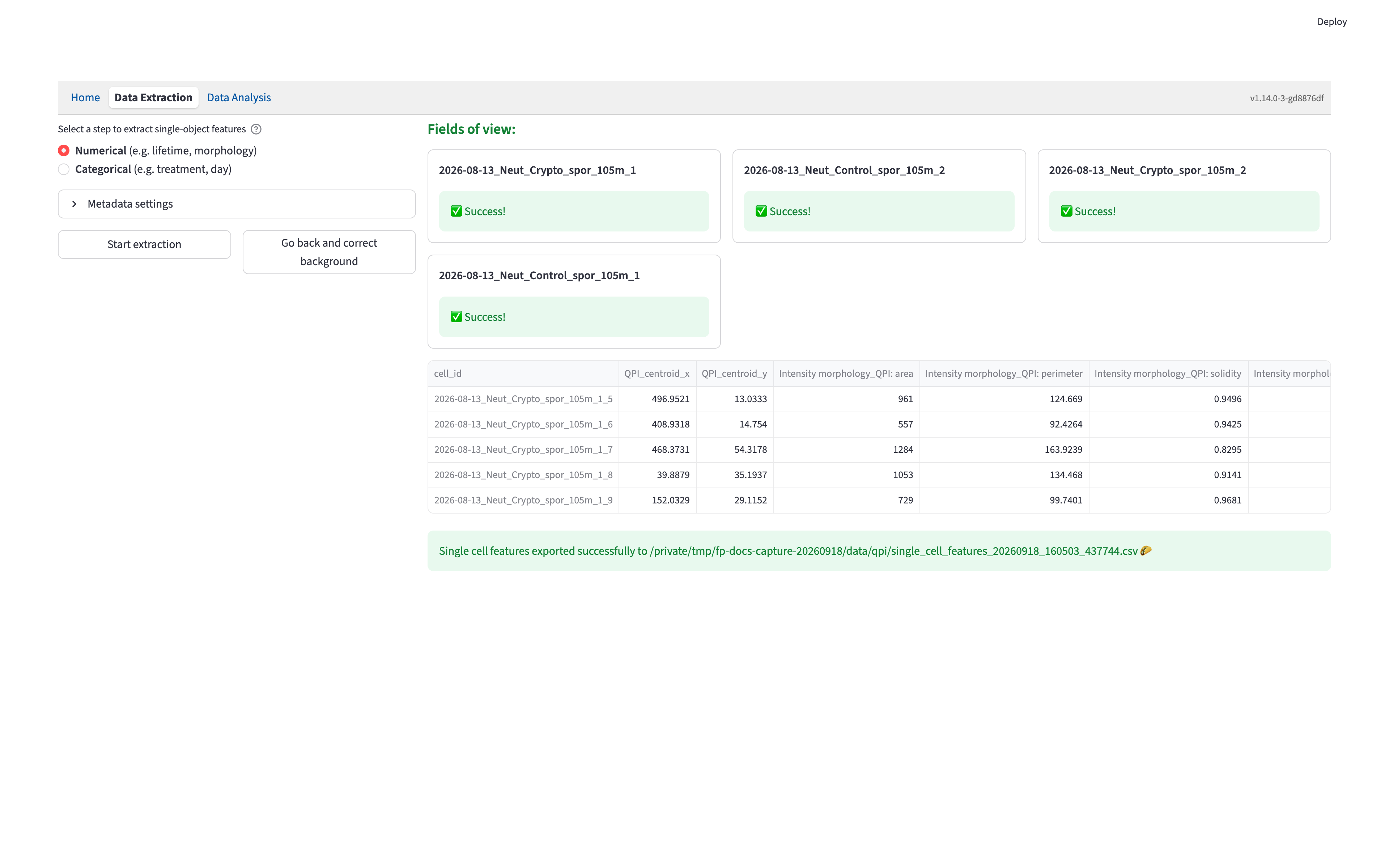 Completed QPI numerical extraction with a preview of the selected QPI feature columns and the automatically saved CSV path.